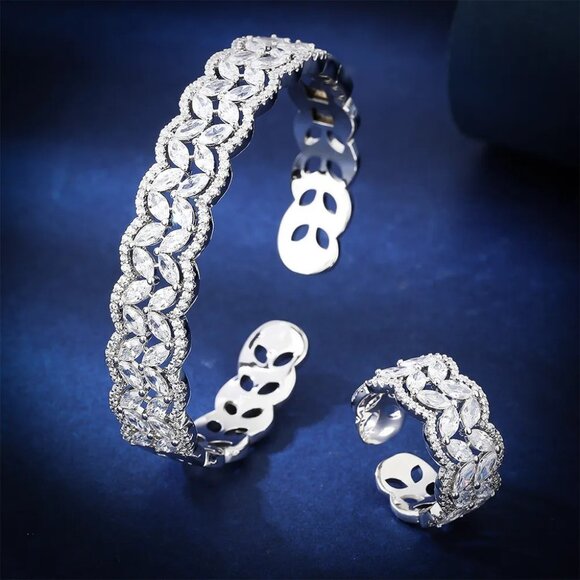 Rhodium or Gold-plated lab-created Marquise Diamond Band Ring - Picture 5 of 5